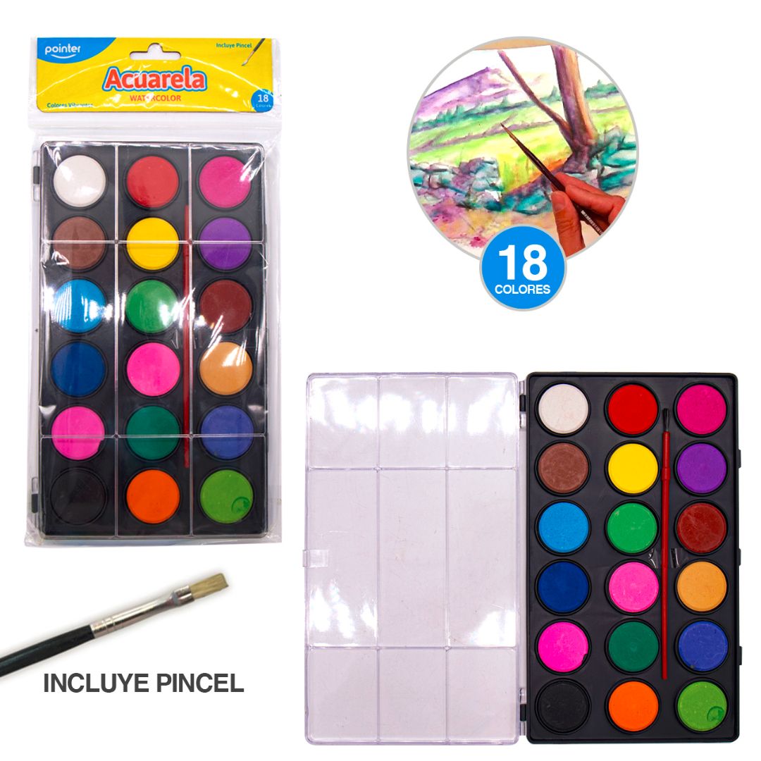 ACUARELA POINTER CAJA ACRILICA C/PINCEL 18 COLORES (F. 72 SETS)