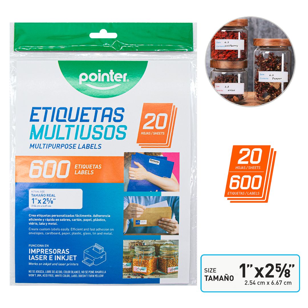 ETIQUETAS POINTER P/IMPRESION 20H/600 UNI 1"X 2 5/8" (F. 50 BAG)