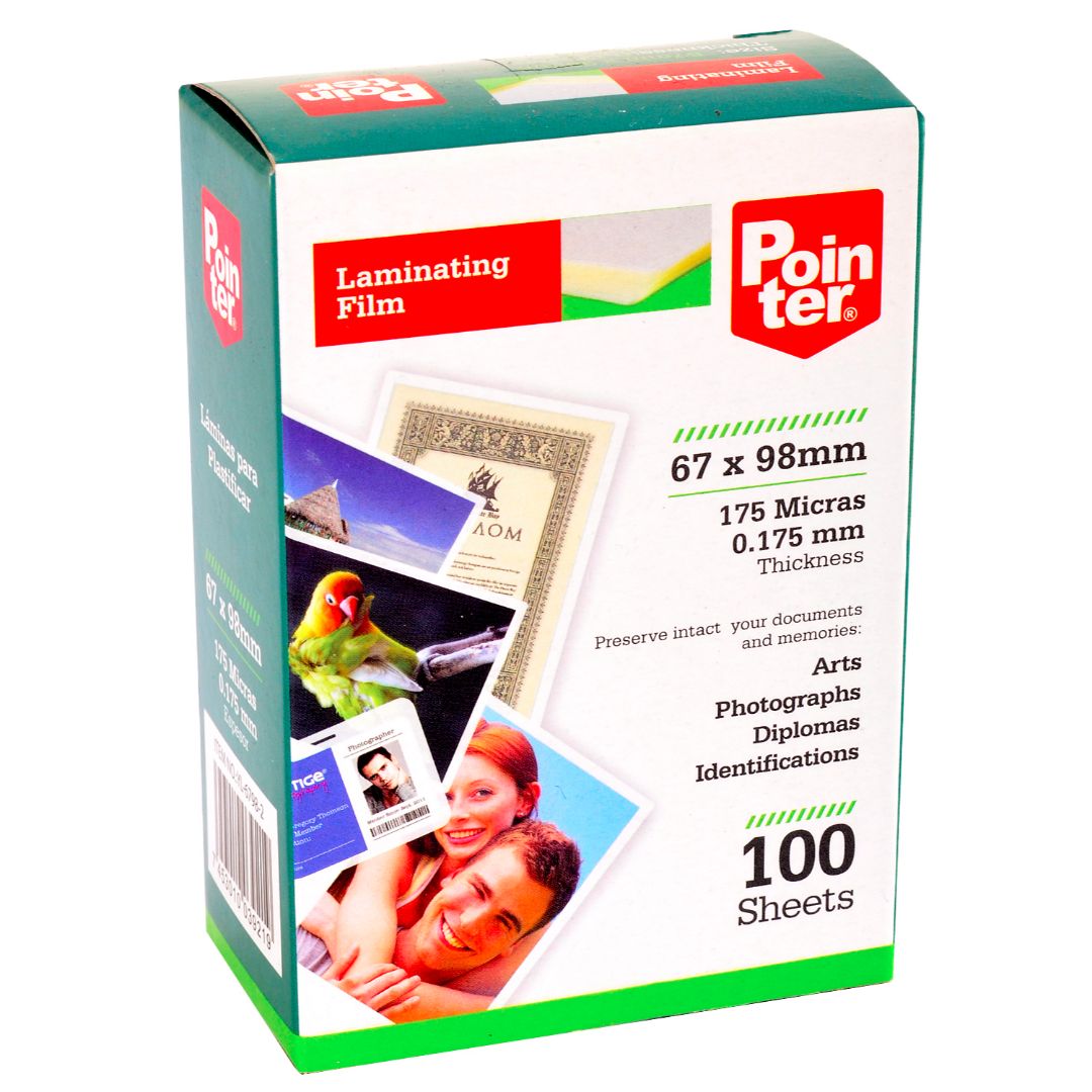 LAMINA PARA PLASTIFICAR POINTER 175 MICRAS PX100 6.7X9.8CM (F. 24 BOX)