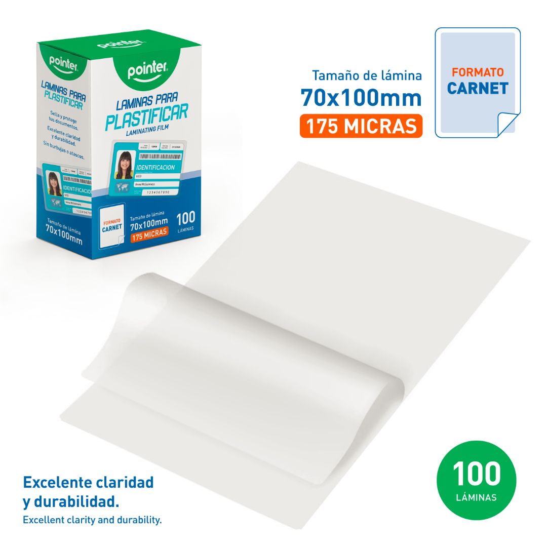 LAMINA PARA PLASTIFICAR POINTER 175 MICRAS PX100 7X10CM (F. 50 BOX)
