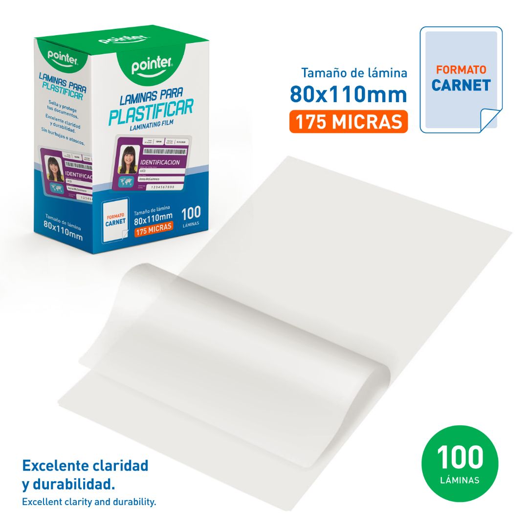LAMINA PARA PLASTIFICAR POINTER 175 MICRAS CX100 8X11CM (F. 50 BOX)