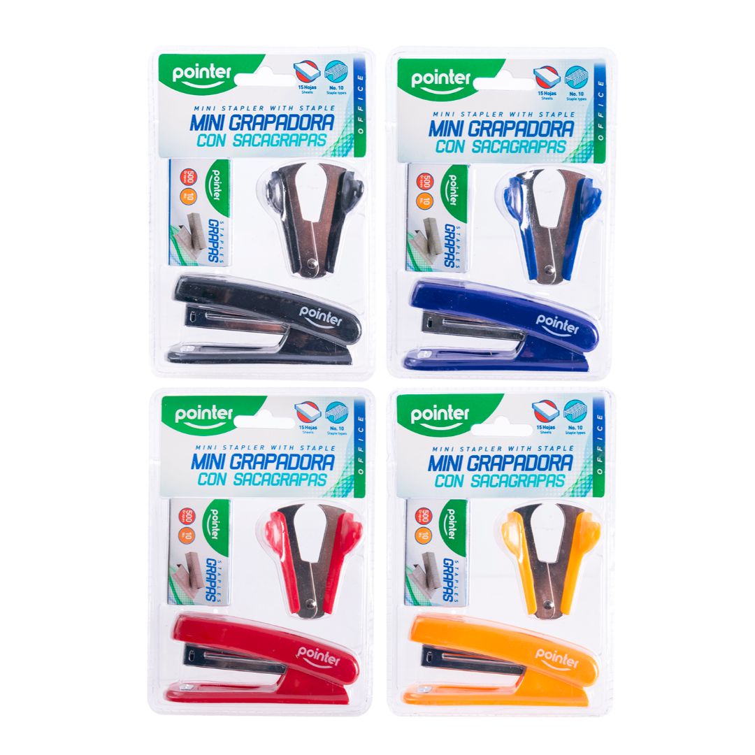 SET DE ENGRAPADORA POINTER MINI C/SACAGRAPAS Y GRAPAS 4 COL. (F. 144 SETS)