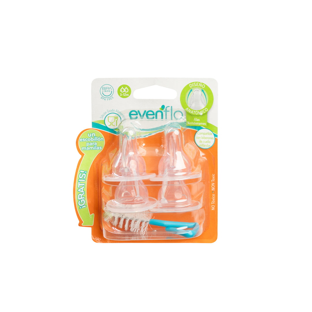 MAMONES ANATOMICOS EVENFLO FLUJO RAPIDO SETX4 C/CEPILLO (F. 24 PZA)