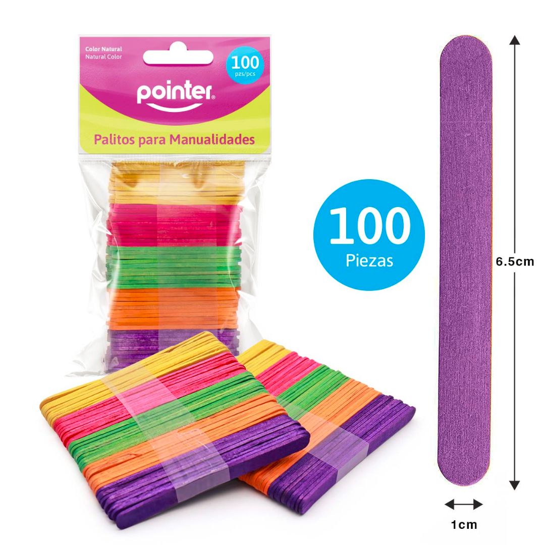 PALETAS DE MADERA POINTER DELGADA COLORES BX100 1X6.5CM  (F. 100 PAQ)