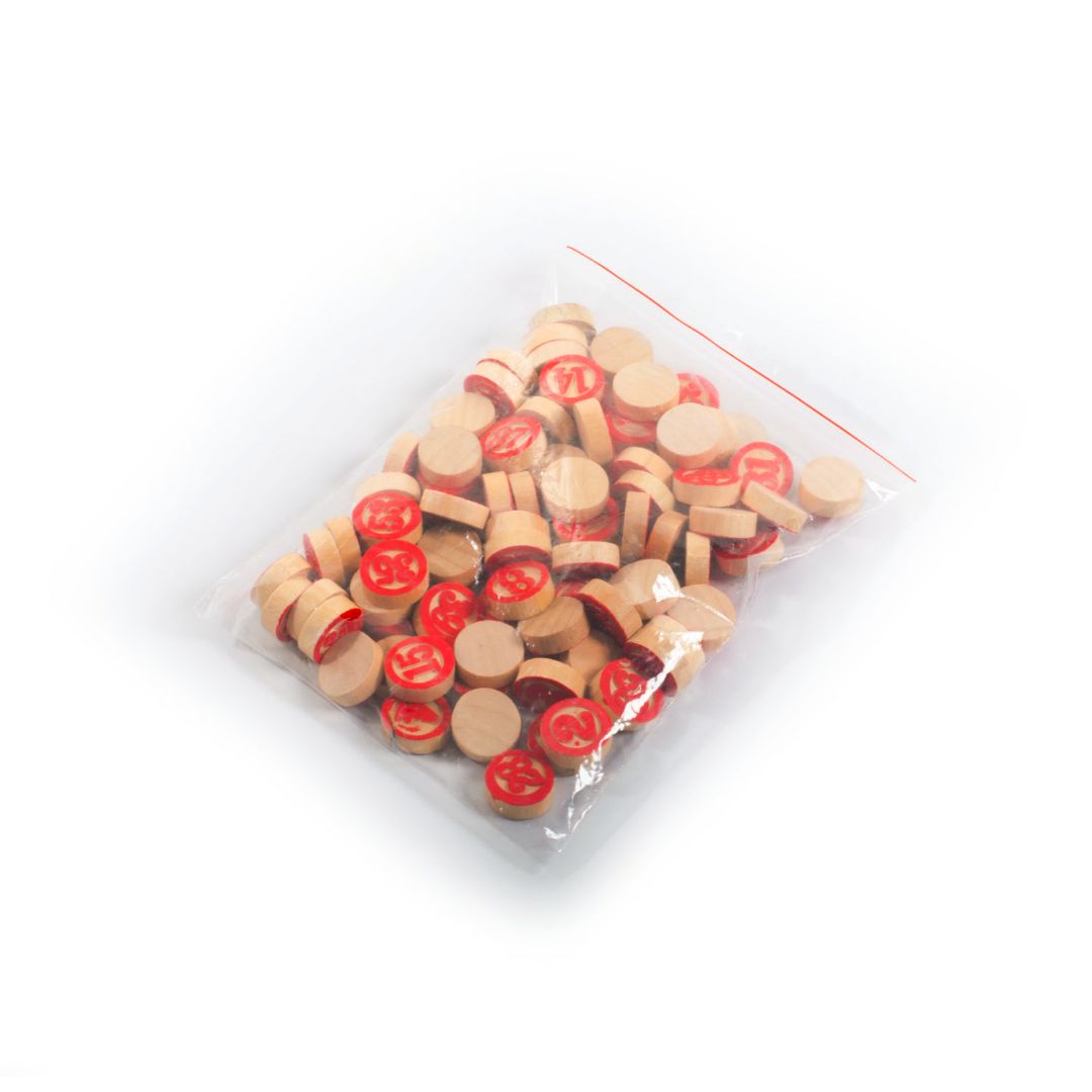 FICHA DE MADERA PARA BINGO, BOLSA 90 PIEZAS (F. 180 SETS)
