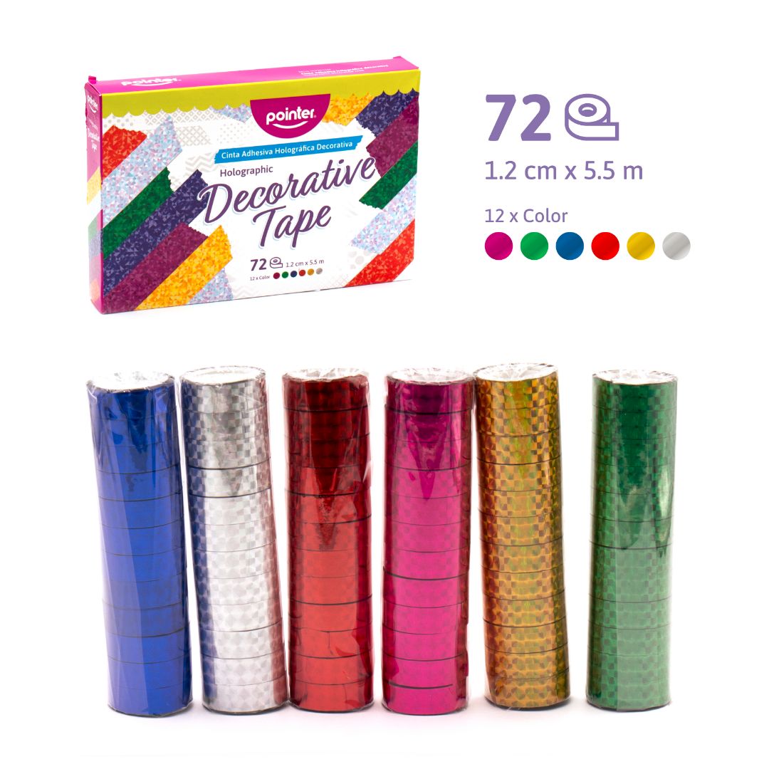 CINTA ADHESIVA HOLOGRAFICA POINTER 1.2 CM X 5.5 MT 72 PZAS (F. 24 BOX)