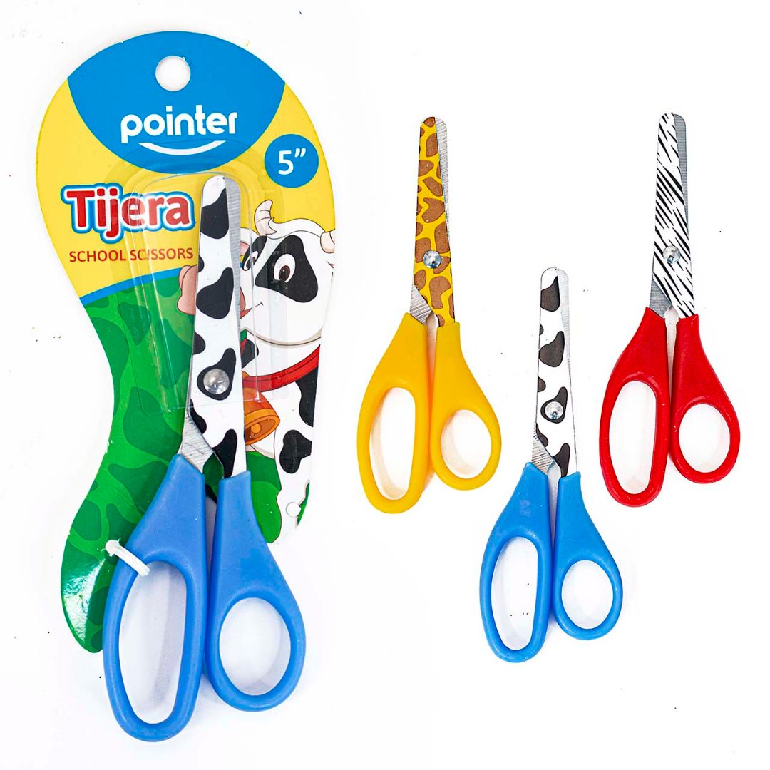 TIJERA ESCOLAR POINTER ANIMALES VACA/JIRAFA/CEBRA 5" (F. 192 PZAS)