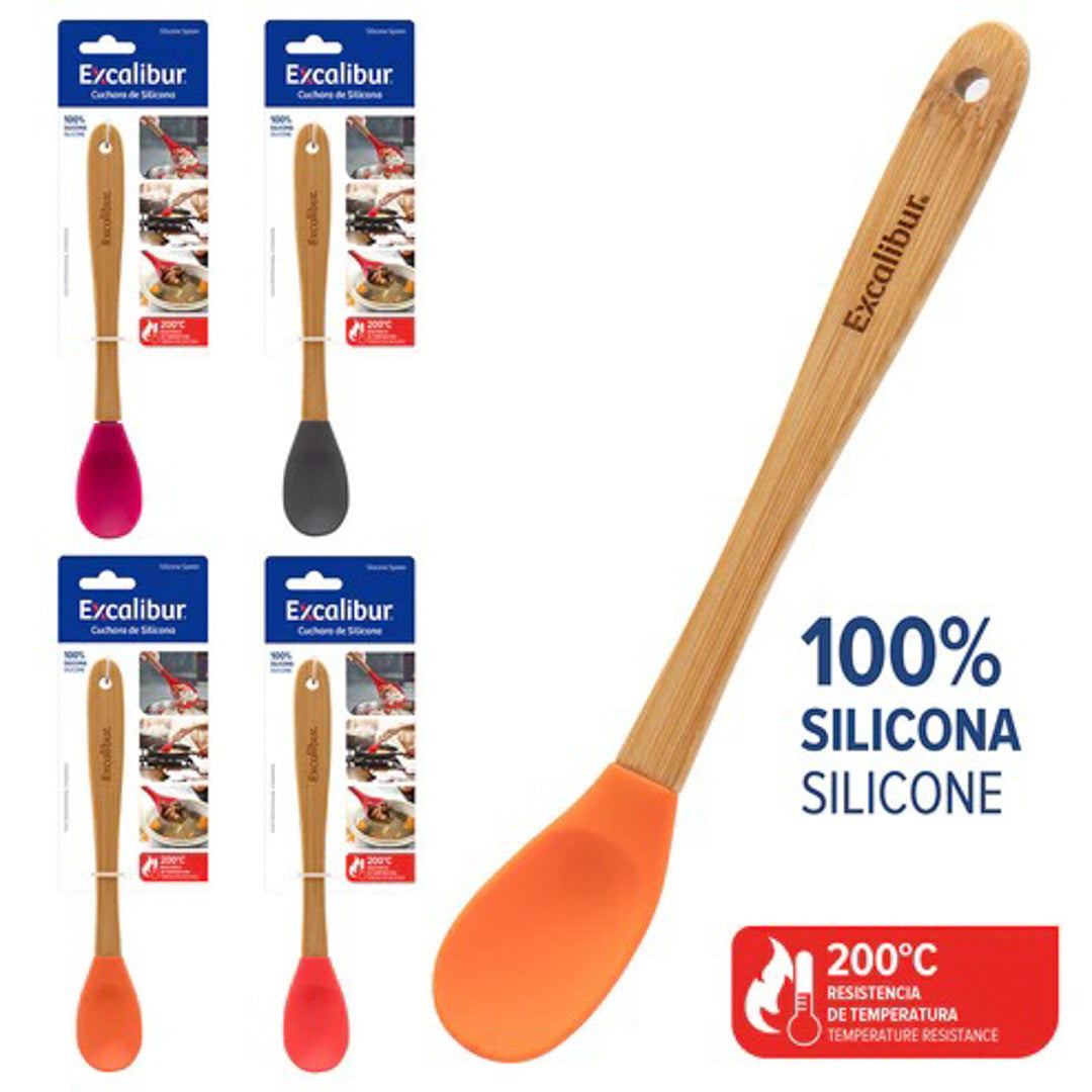 CUCHARA D/SILICONA EXCALIBUR MANGO/BAMBU 4 COL. 21CM  (F. 120 PZA)