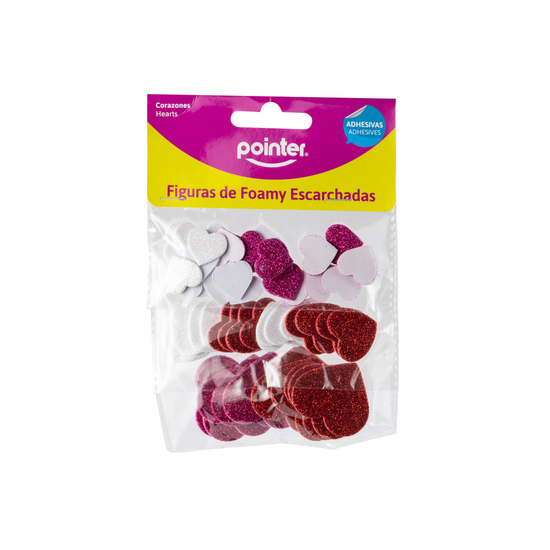 FIGURAS DE FOAMY POINTER ADHESIVAS C/ESCARCHA CORAZONES ROJOS (F. 240 SETS)