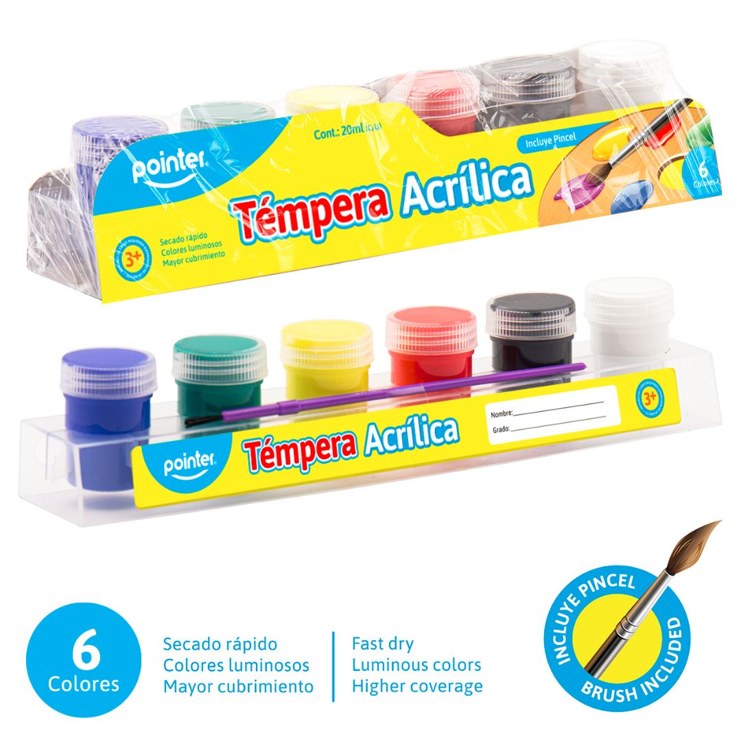 TEMPERA ACRILICA POINTER C/PINCEL 6 COL. 20ML (F. 72 SETS)