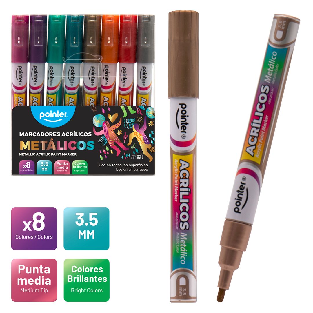 MARCADORES ACRILICOS POINTER METALICOS 8 COL. 3.5MM (F. 72 SETS)