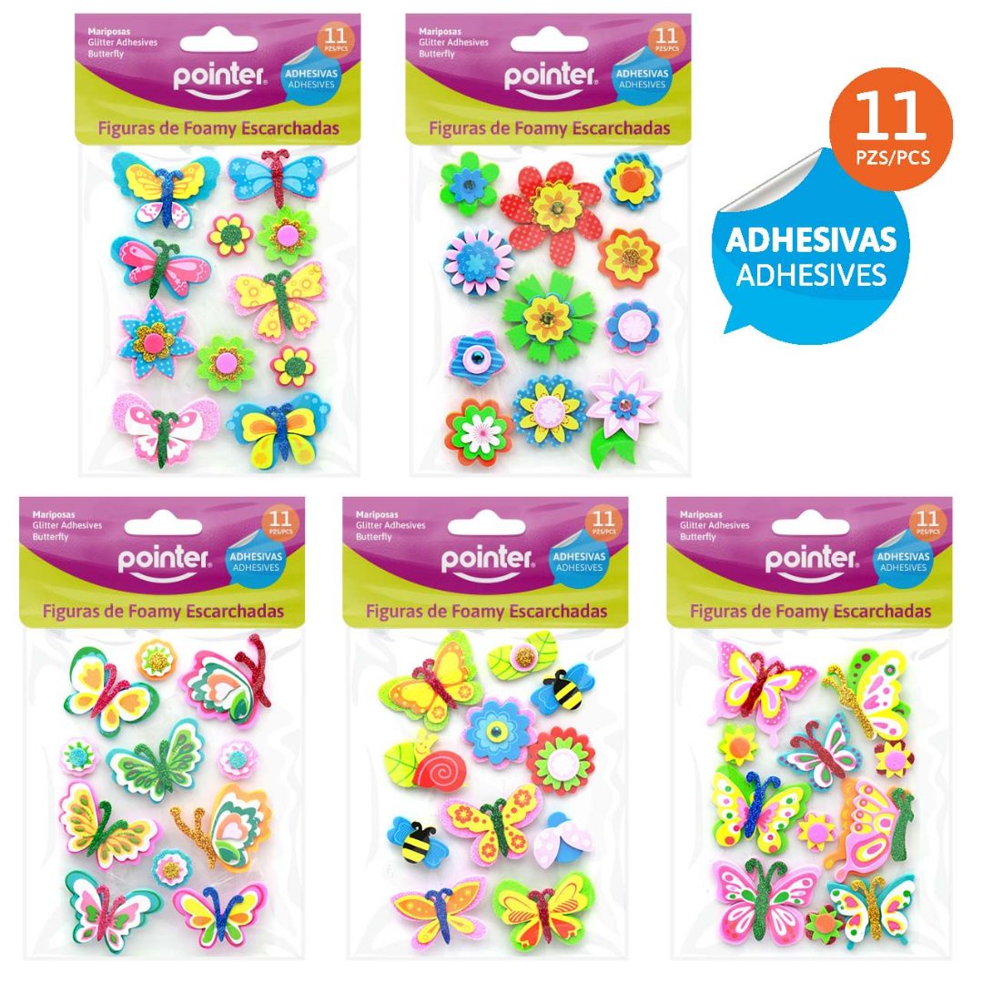 STICKER DE FOAMY POINTER ESCARCHADO FLOR Y MARIPOSA BX11 (F. 144 SETS)
