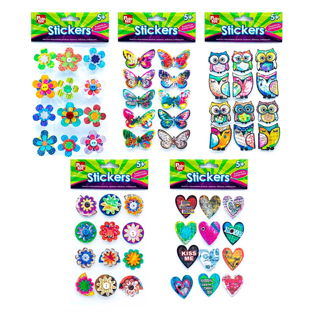 STICKERS POINTER 3D DE PAPEL 6 DISEÑOS BX12 (F. 288 SETS)