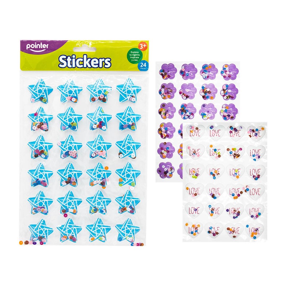 STICKERS POINTER EN RELIEVE FLOR/ESTRELLA/CORAZON BX24 (F. 96 SETS)