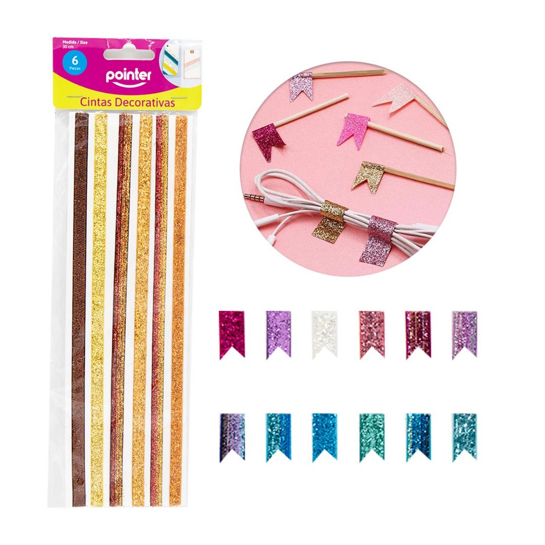 CINTA POINTER DEC.ESCARCHADA BLIS 6 TIRAS, 3 COMBI 1X30CM (F. 240 SETS)