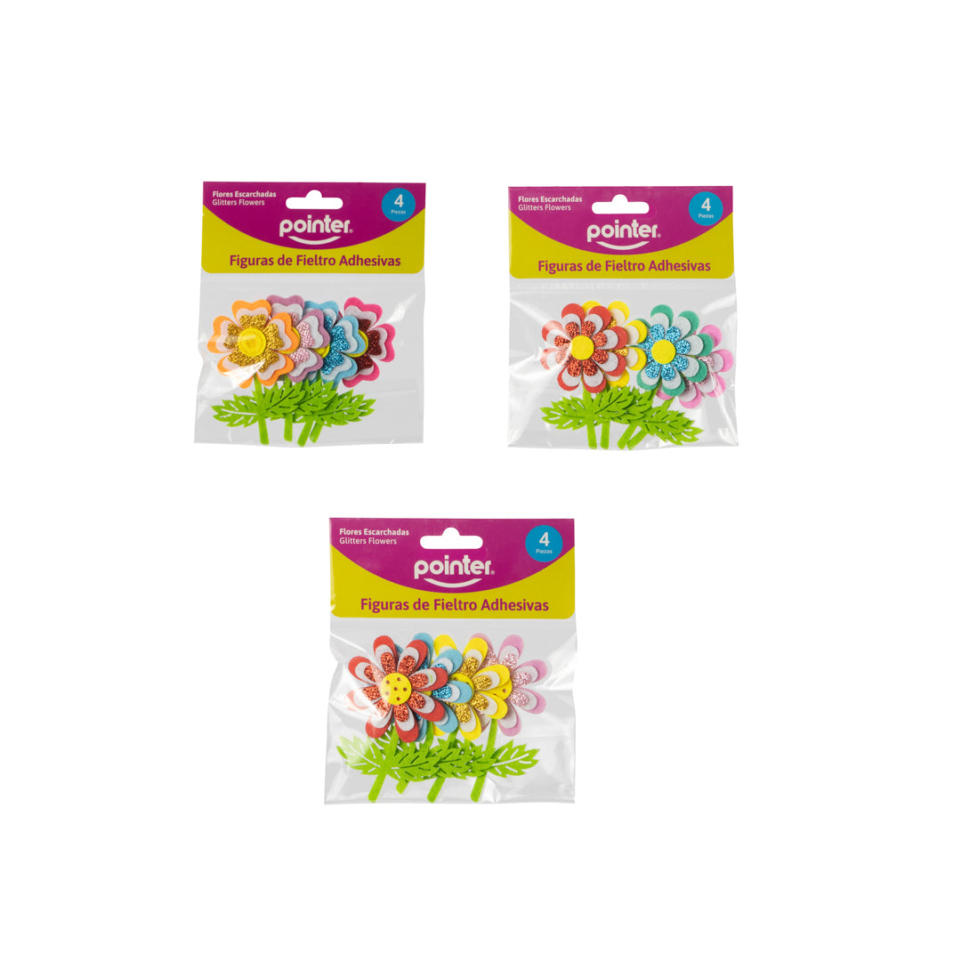 FIGURAS DE FIELTRO POINTER ADHESIVAS ESCARCHADAS FLORES BX4 (F. 288 SETS)