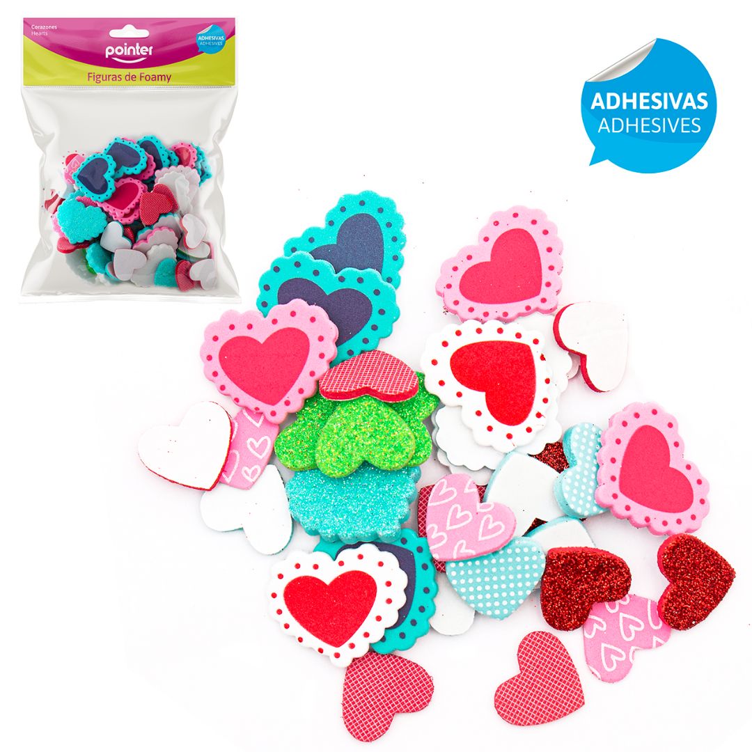 FIGURAS DE FOAMY POINTER ADHESIVAS C/ESCHARCHA CORAZONES SURTIDOS (F. 96 SETS)