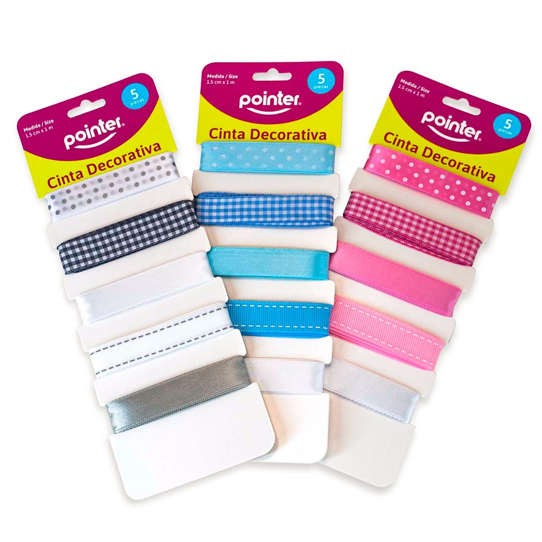 CINTA DE TELA POINTER C/DISEÑO BLISTER 5 TIRAS 1.5MMX1M 3 COL. (F. 144 SETS)