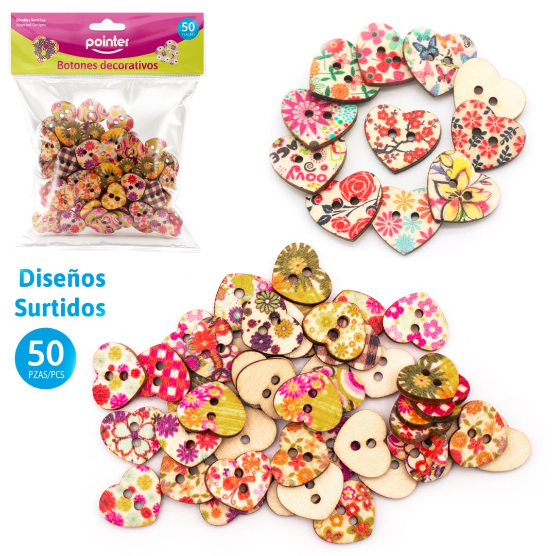BOTONES DE MADERA POINTER DE CORAZON C/DISEÑOS BX50 (F. 216 SETS)