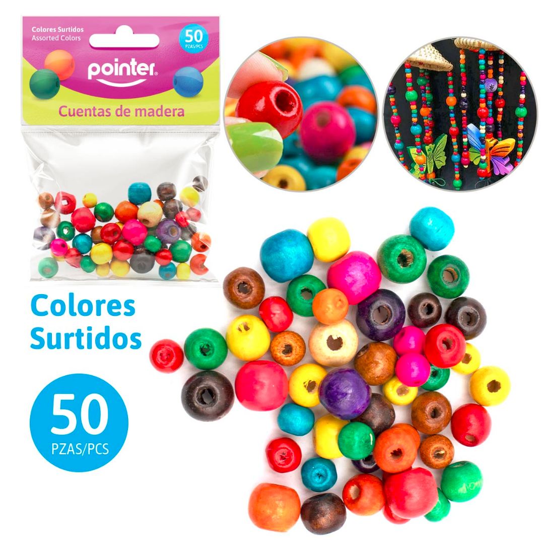 CUENTAS D/MADERA POINTER REDONDAS D/COLORES BX50 (F. 288 SETS)