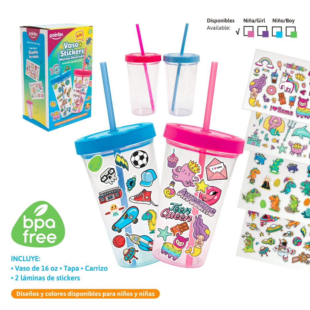 VASO PERSONALIZABLE POINTER C/STICKERS IMPERMEABLES 16 0Z (F. 24 SETS)