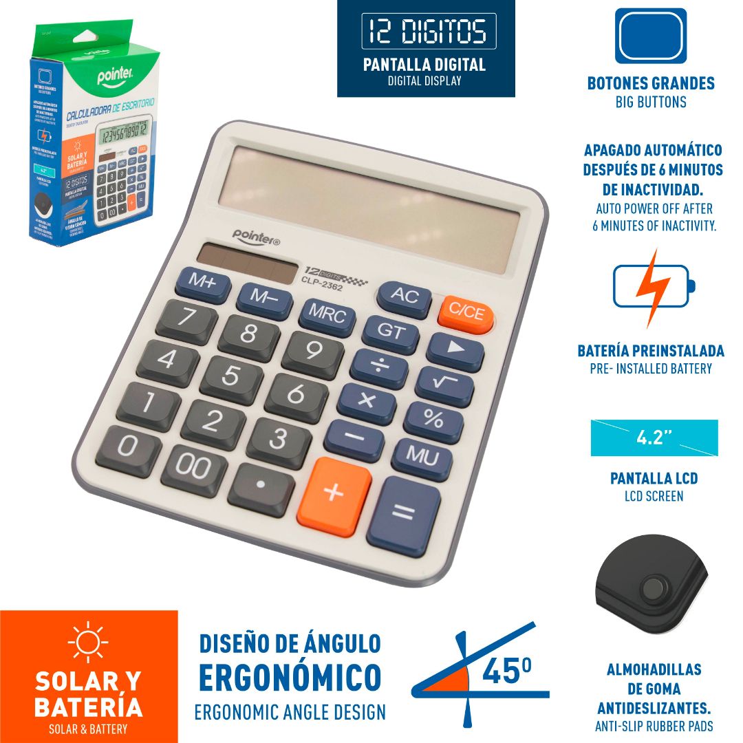 CALCULADORA DE ESCRITORIO POINTER 12 DIG. PANTALLA LCD 4.2" (F. 60 PZA)