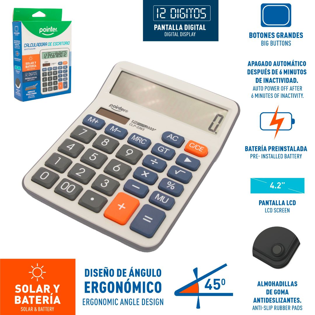 CALCULADORA DE ESCRITORIO POINTER 12 DIG. PANTALLA LCD 5" (F. 48 PZA)