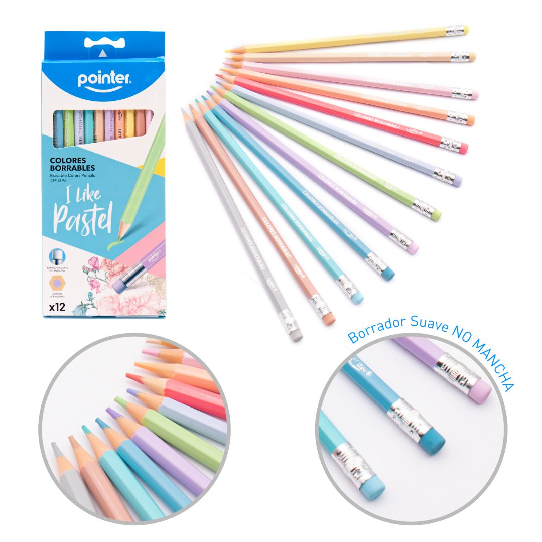 CRAYON DE MADERA POINTER BORRABLE 12 COL. PASTEL (F. 144 SETS)