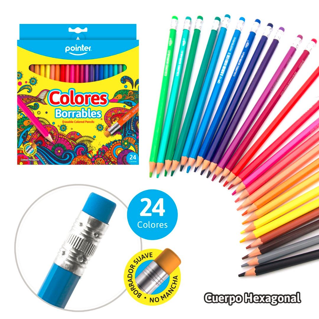 CRAYON DE MADERA POINTER LARGO BORRABLE 24 COL. (F. 72 SETS)