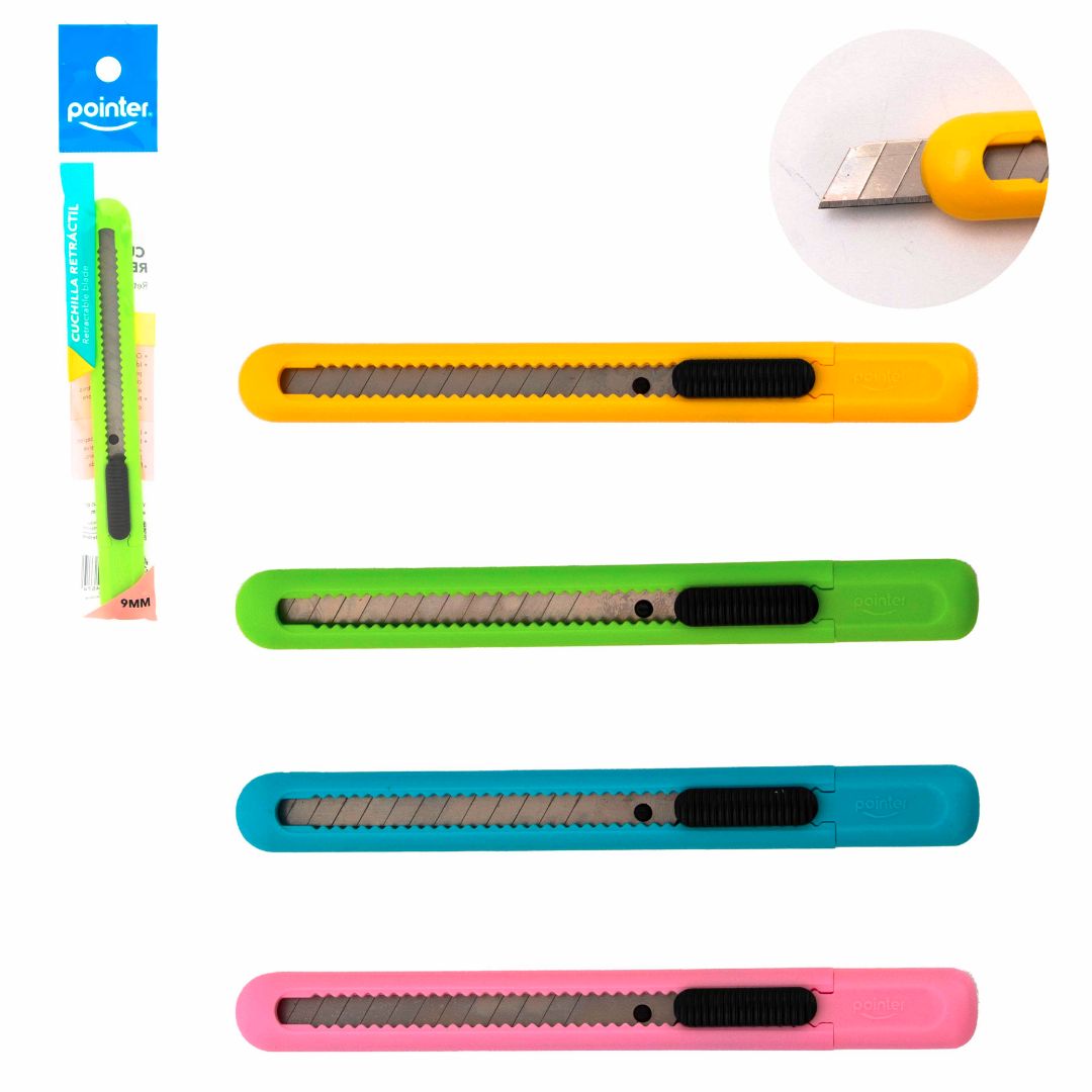 CUCHILLA RETRACTIL POINTER 4 COLORES 9MM (F. 576 PZA)