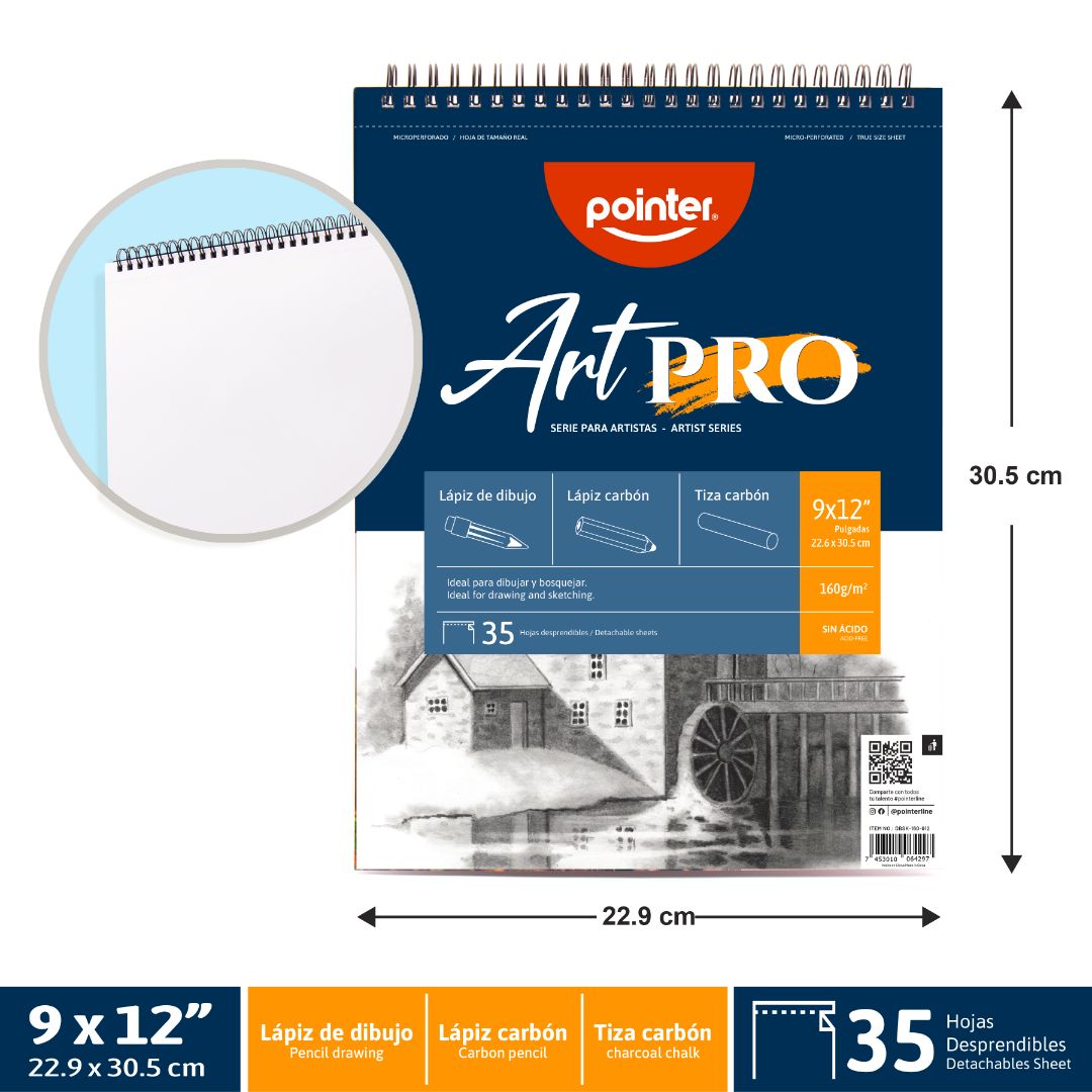CUADERNO ART PRO POINTER C/ESPIRAL CARBONCILLO 35H. 160G 9"X12" (F. 20 PZAS)