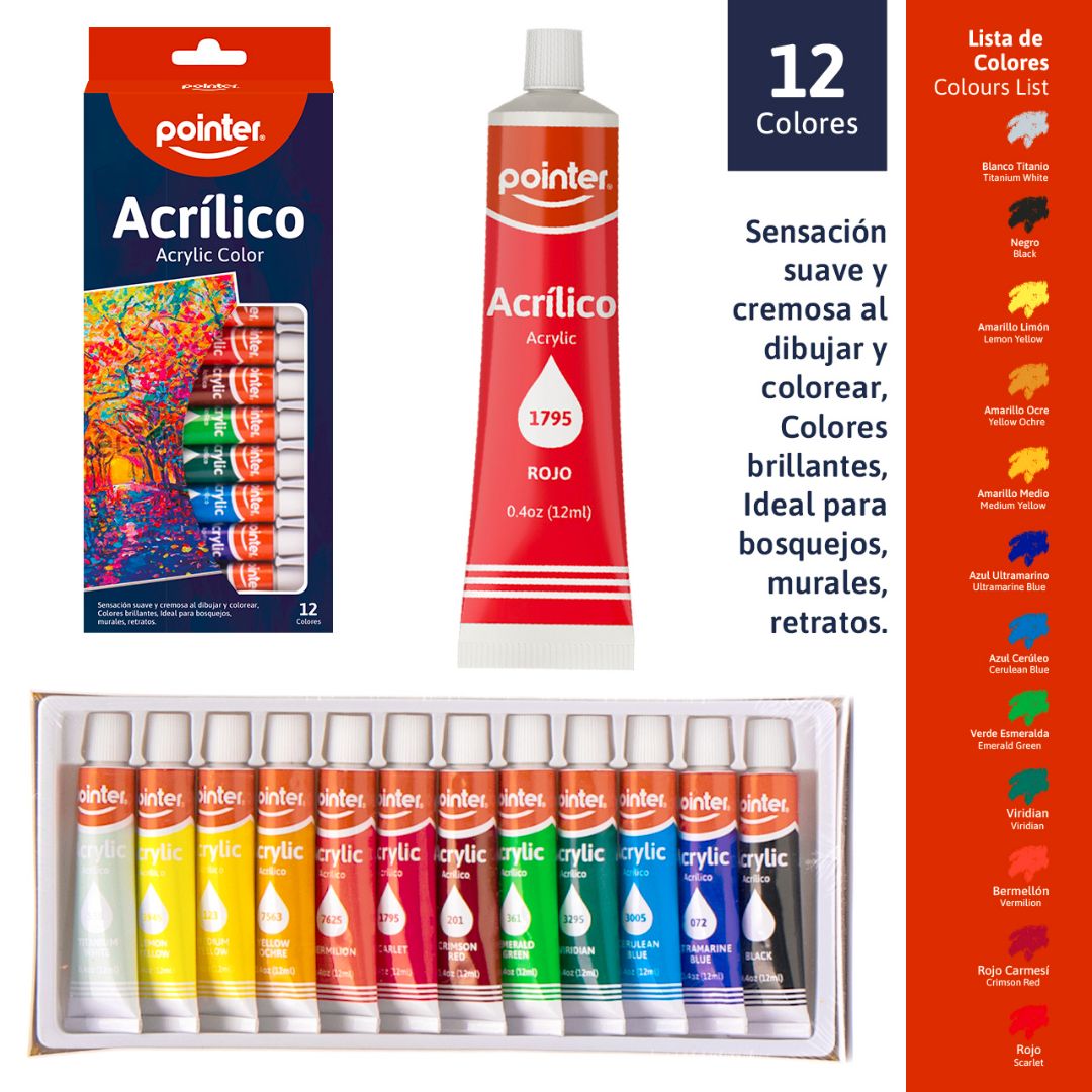 PINTURA ACRILICA POINTER 12 COLORES 12ML (F. 60 UNI)