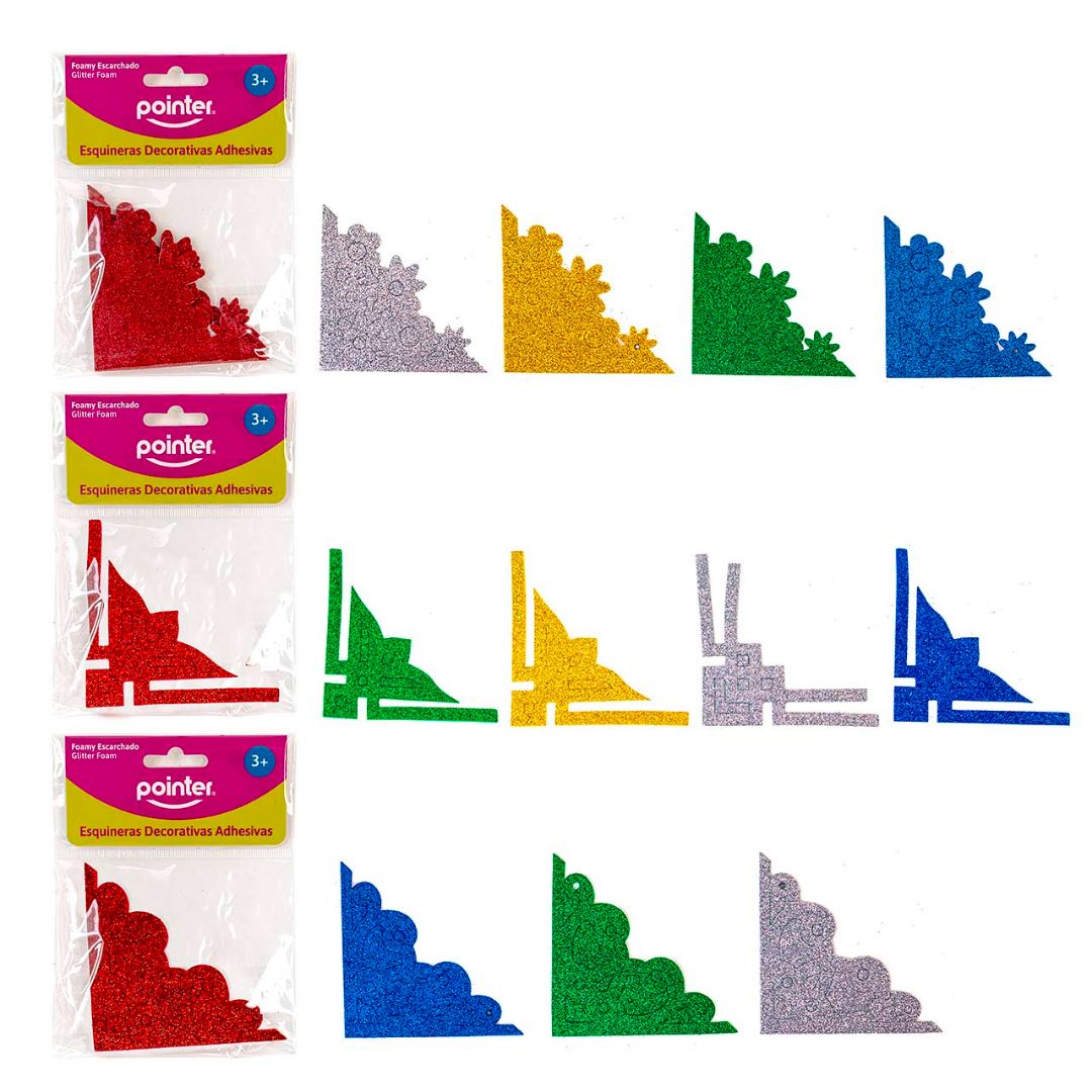 ESQUINERAS POINTER DE FOAMY C/ESCARCHA 3 DIS. 5 COL. 8.5CM  (F.144 SETS)