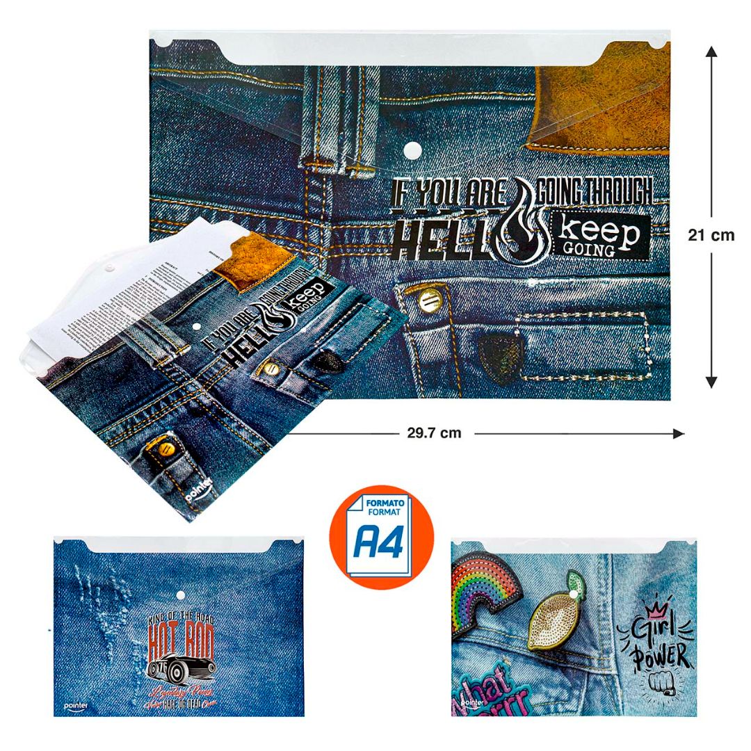 SOBRE PLASTICO POINTER C/BROCHE 4 DIS. DE JEANS 34.2X23.6CM (F. 20 DOC)