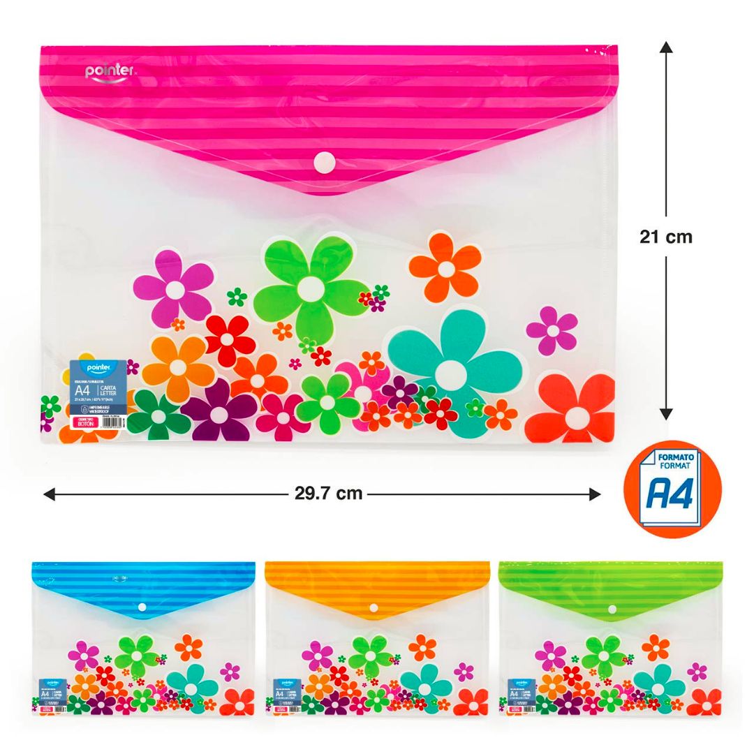 SOBRE PLASTICO POINTER C/BROCHE RAYA/FLORES 4 COL. A4 (F. 30 DOC)