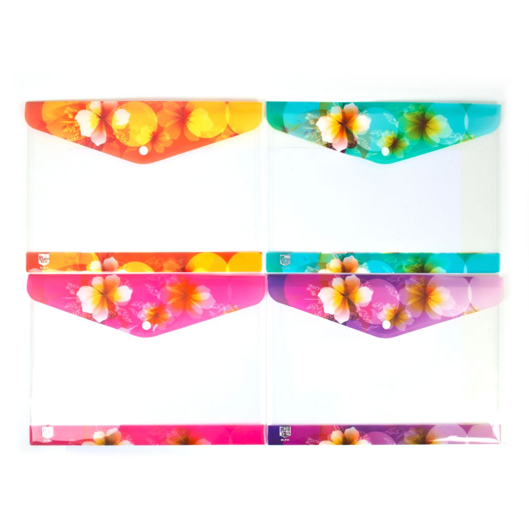 SOBRE PLASTICO POINTER C/BROCHE 4 DISEÑOS TRANSP. C/FLORES A4 (F. 360 DOC)
