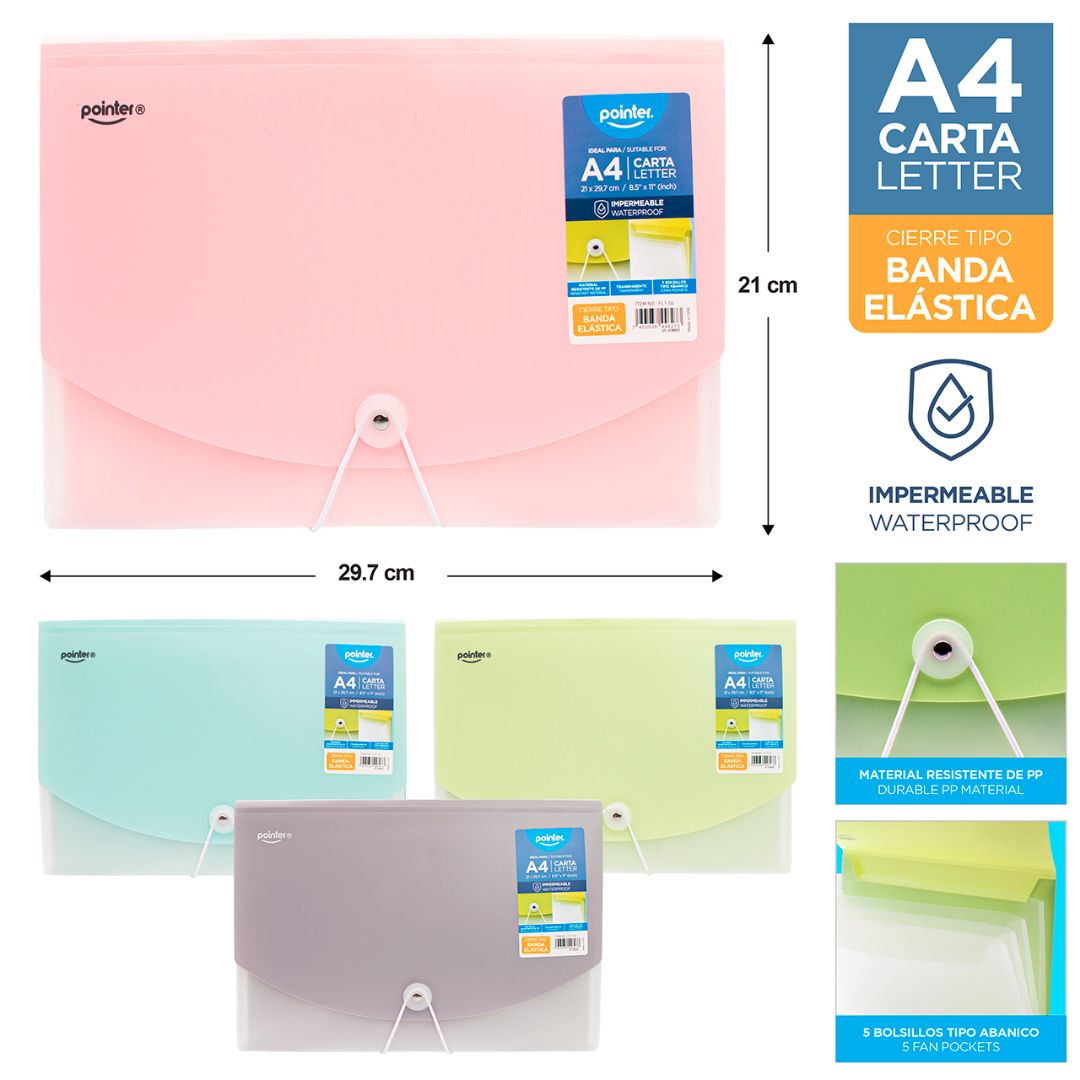 ARCHIVADOR POINTER EXPANDIBLE 5 DIV. 4 COL. PASTEL A4 (F. 24 PZA)