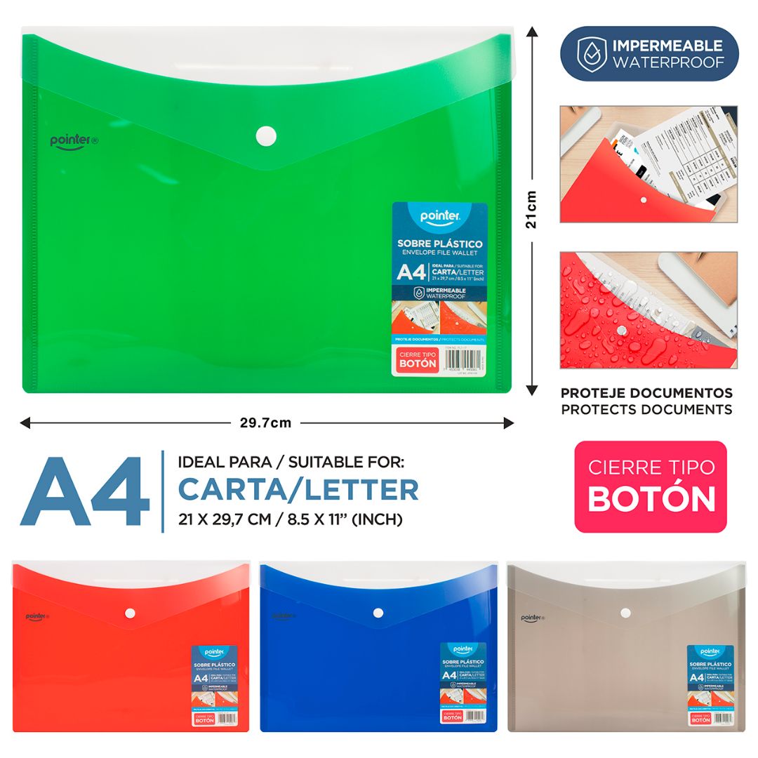 SOBRE PLASTICO POINTER C/BROCHE AZ/RO/VE/NE A4 (F. 100 UNI)