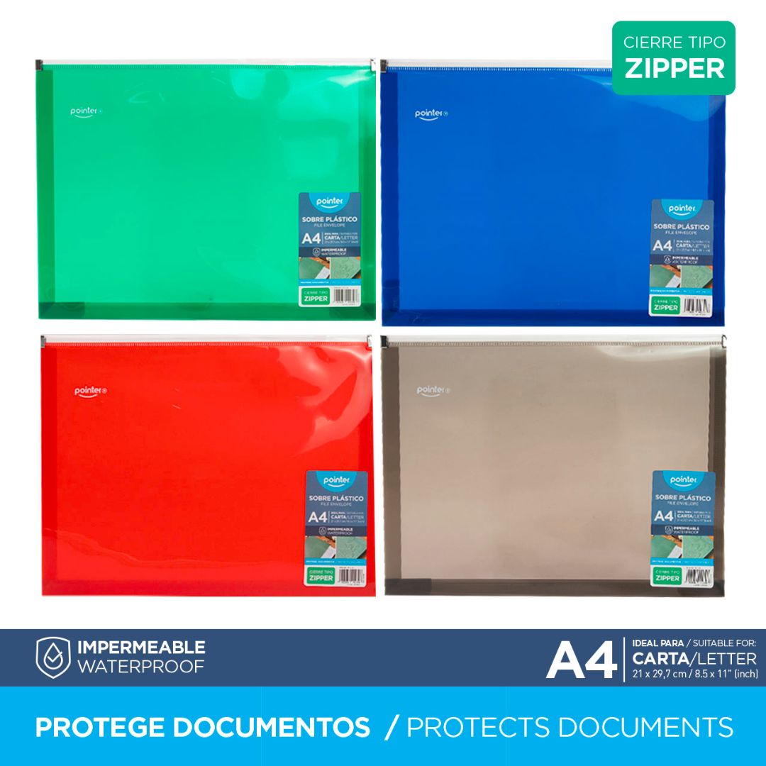 SOBRE PLASTICO POINTER C/ZIPPER 3 COL. A4 (F. 72 UNI)