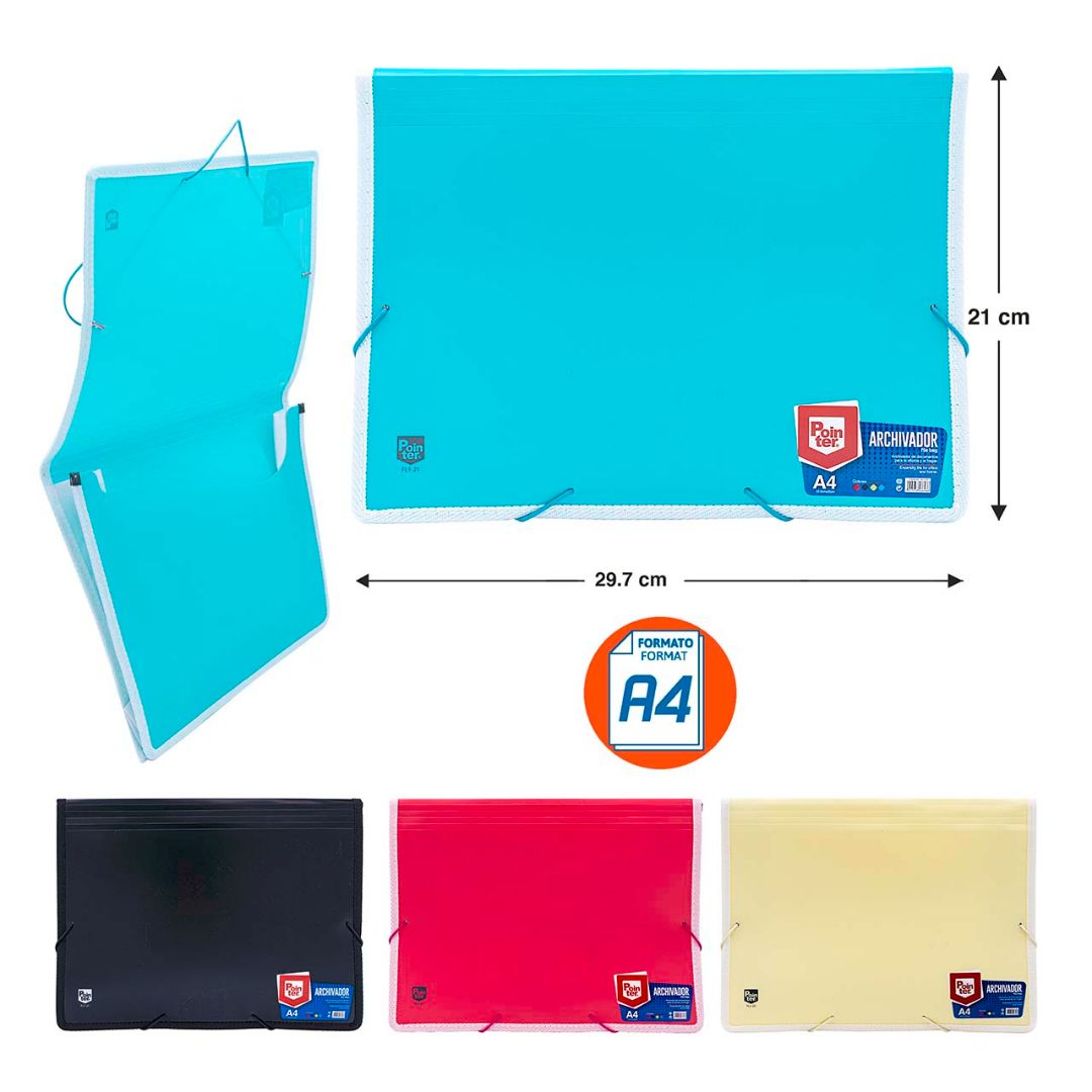 ARCHIVADOR POINTER CIERRE ESLASTICO 4 COLORES A4 (F. 72 PZAS)