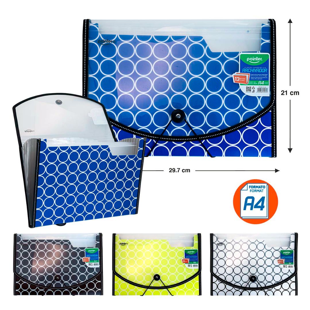 ARCHIVADOR POINTER TIPO ACORDEON 13 DIV. AZ/NE/AM/BL A4 (F. 36 PZAS)
