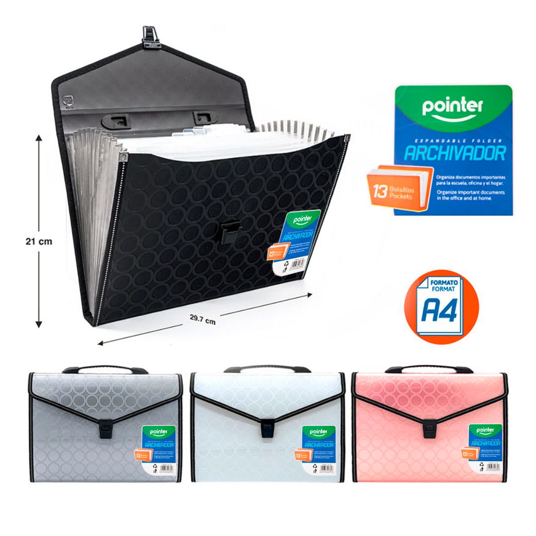 ARCHIVADOR POINTER TIPO ACORDEON 13 DIV. NE/ROS/BL/GRI A4 (F. 24 PZAS)