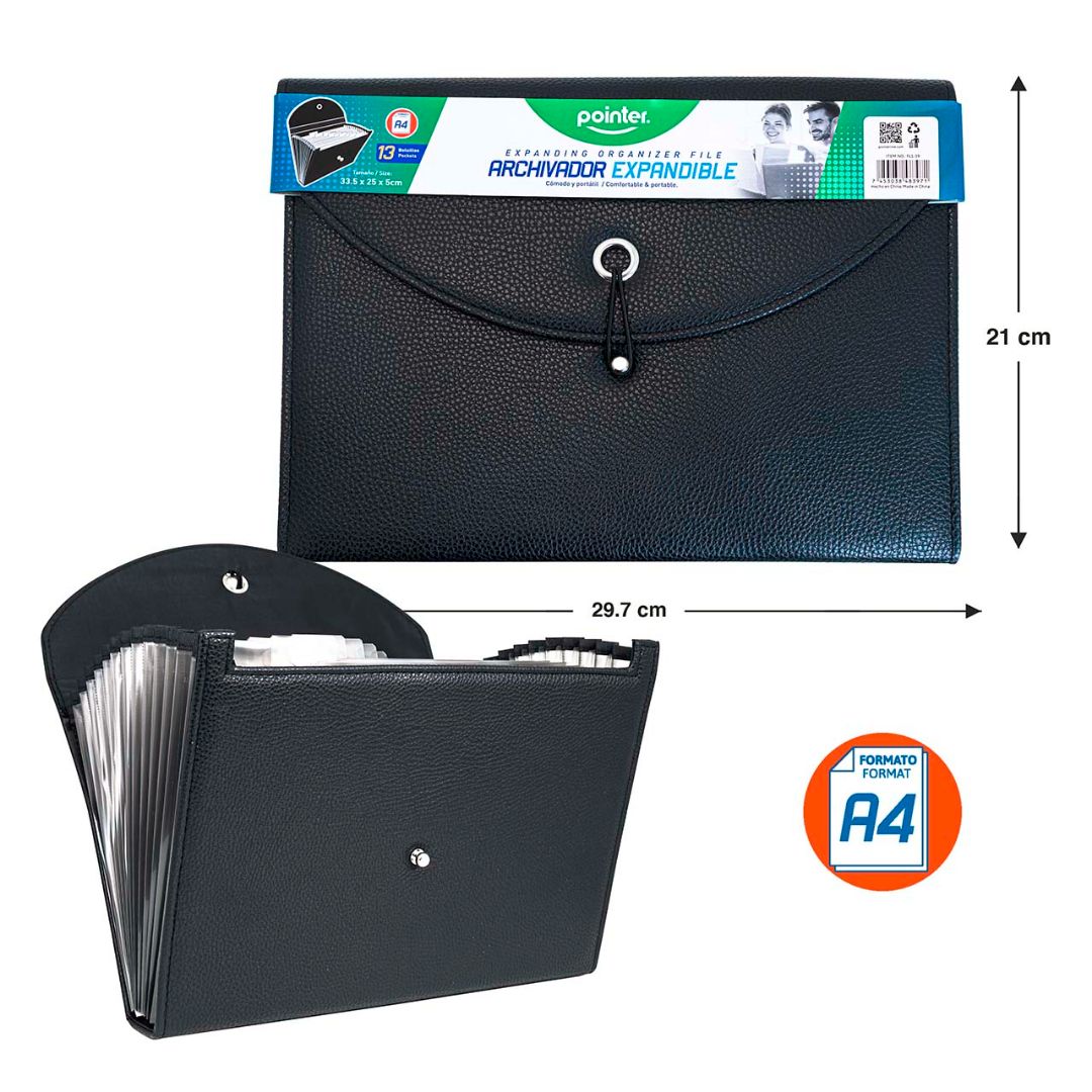 ARCHIVADOR POINTER TIPO ACORDEON 13 DIV. NEGRO A4 (F. 24 PZA)