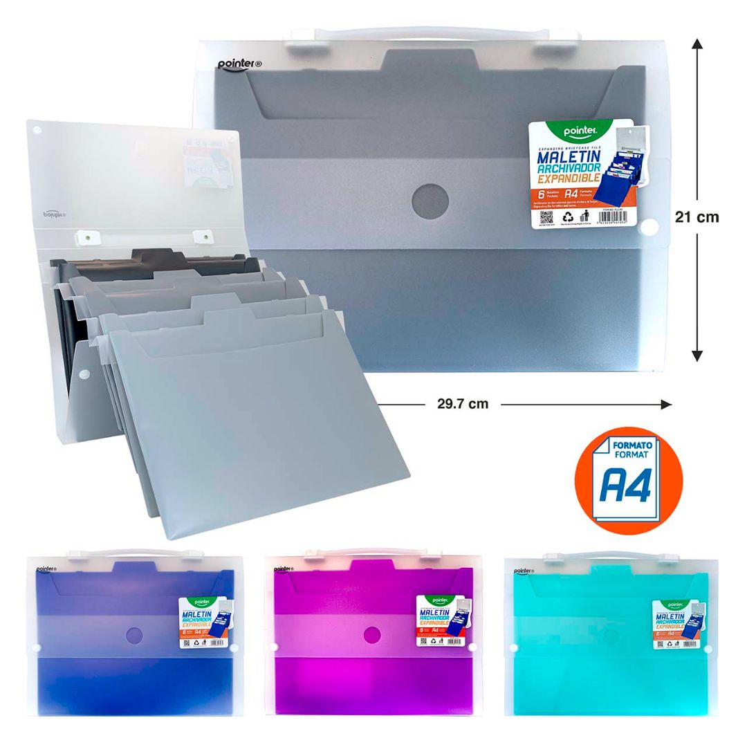 ARCHIVADOR EXPANDIBLE POINTER 6 DIVISIONES 4 COL. A4 (F. 24 PZAS)