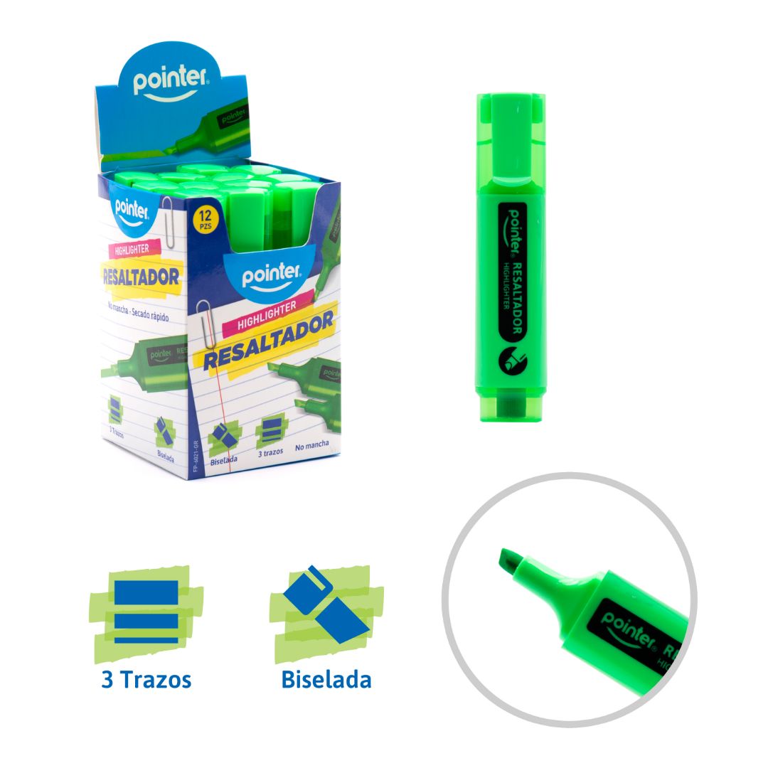 RESALTADOR POINTER P/BISELADA VERDE 3 TRAZOS CX12 (F. 60 BOX)