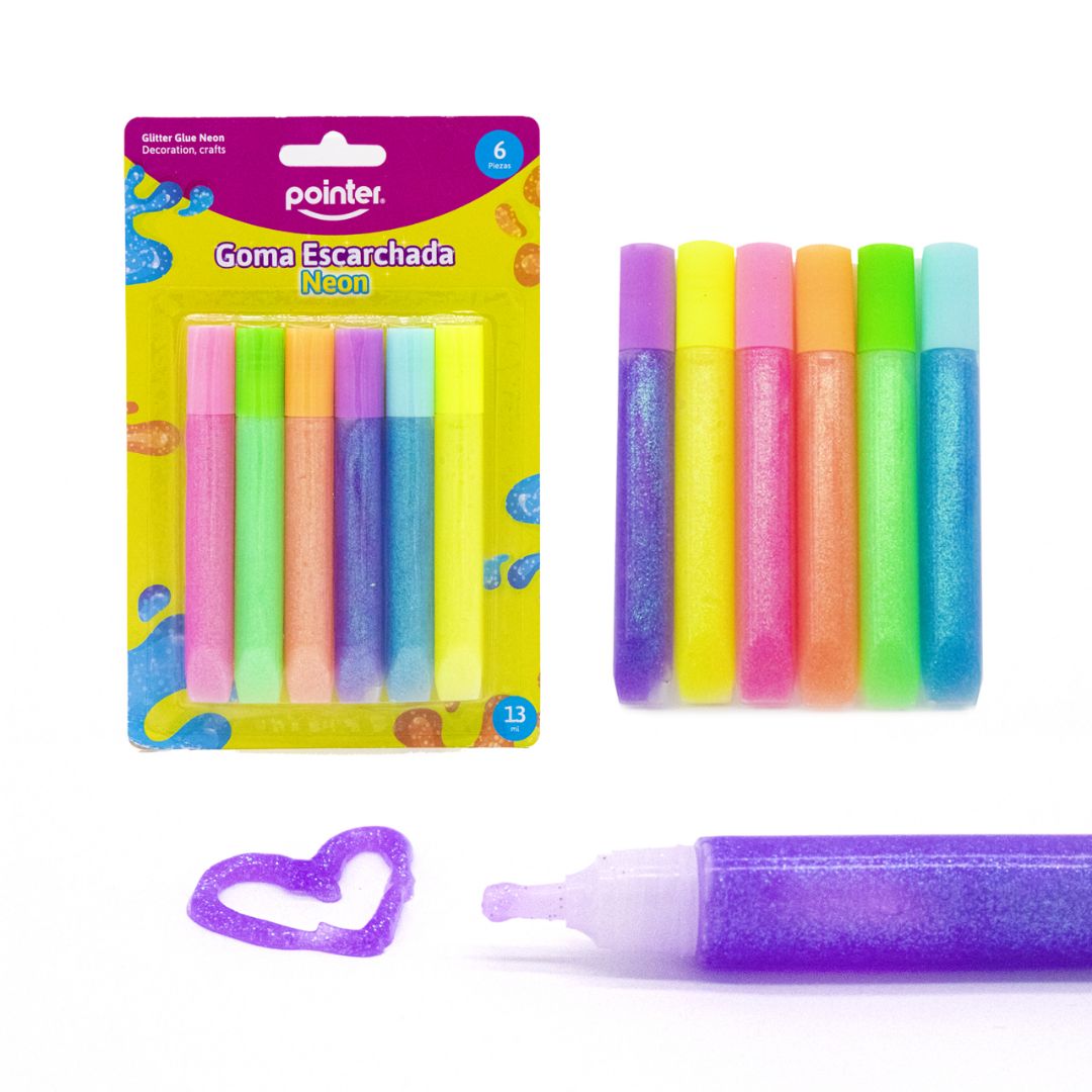 GOMA C/ESCARCHA POINTER TUBO 6 COL. NEON 13ML (F. 96 SETS)