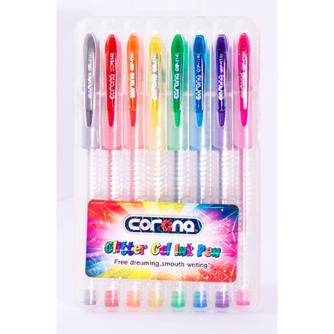 BOLIGRAFO GEL CORONA CON GLITTER 8 PZAS (F. 144 SETS)