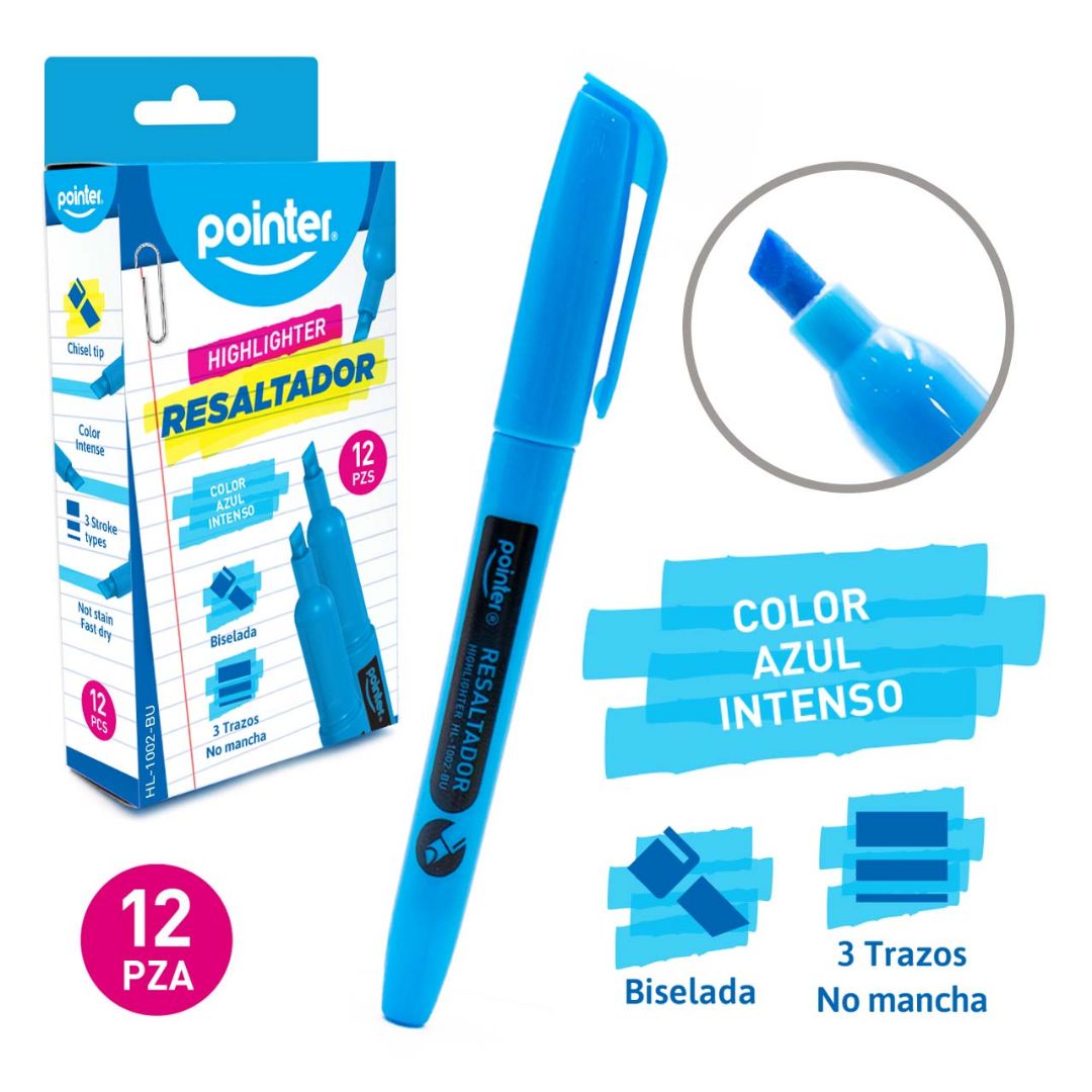 RESALTADOR POINTER REDONDO P/BISELADA CELESTE 3 TRAZOS CX12 (F. 60 DOC)