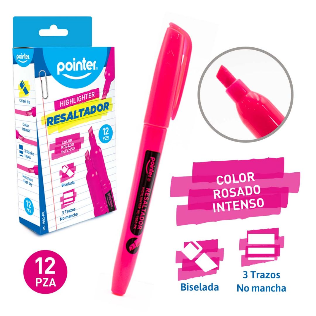 RESALTADOR POINTER REDONDO P/BISELADA ROSADO 3 TRAZOS CX12 (F. 60 DOC)