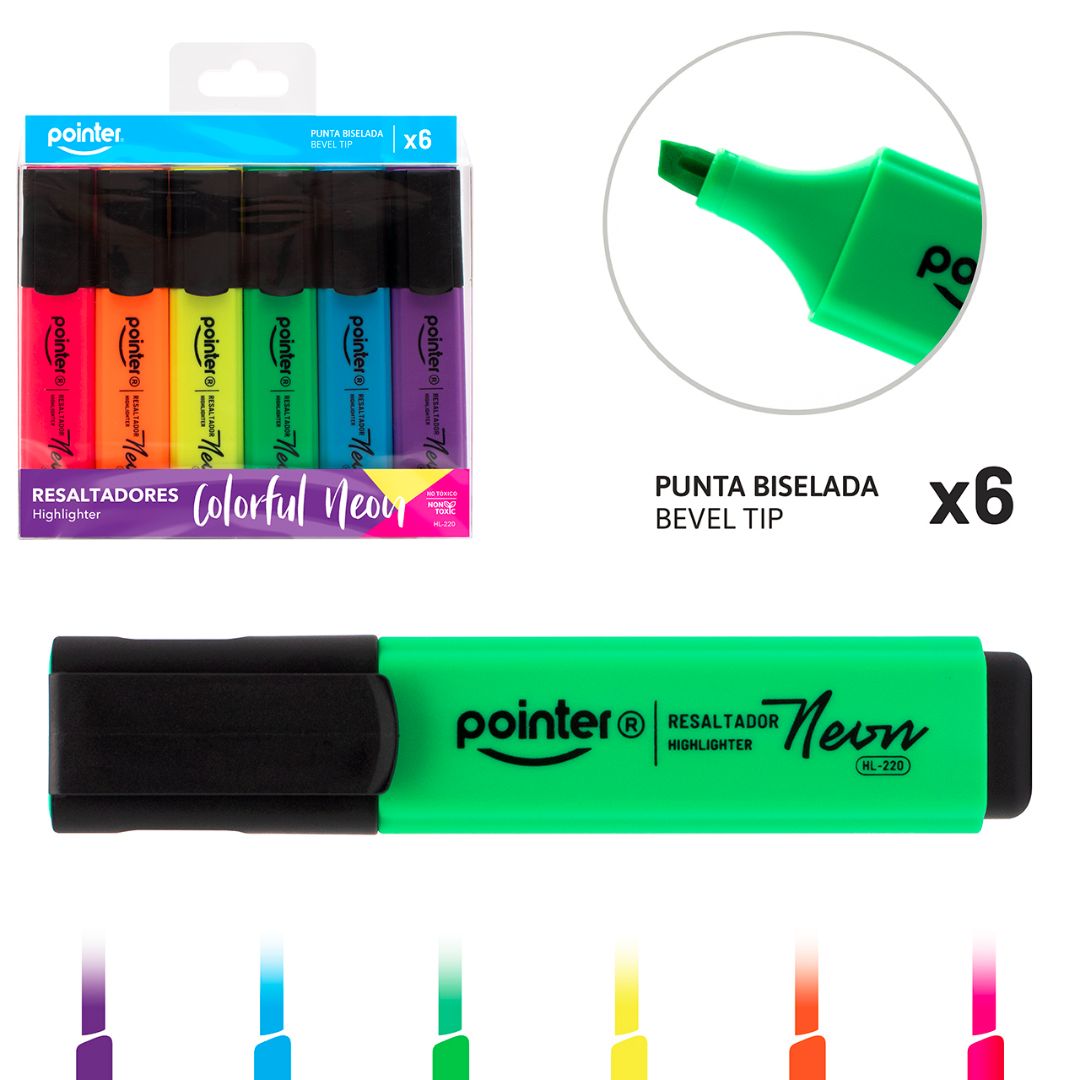RESALTADOR POINTER NEON PUNTA BISELADA 6 COLORES (F. 96 SETS)
